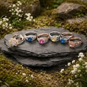 Multi-Gemstone Ring Set in Blue, Pink, Yellow and Peach - Women Jewelry